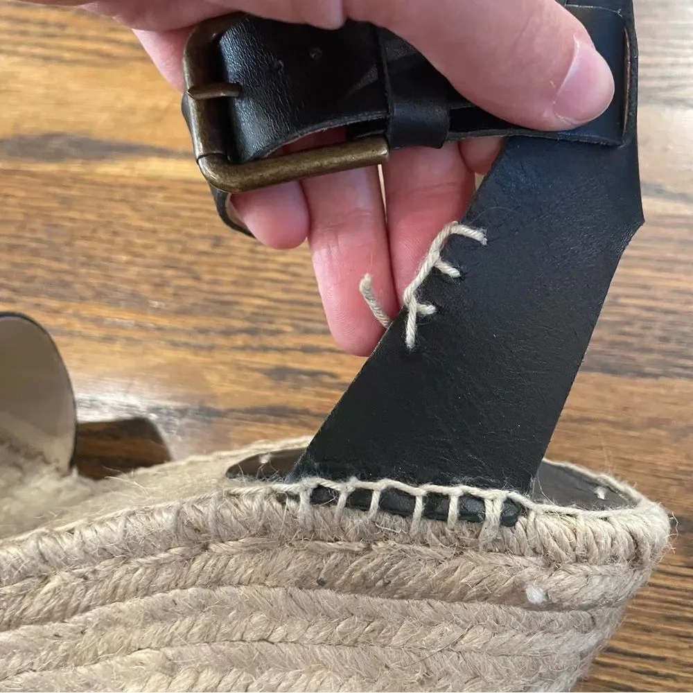 SOLUDOS Black Leather Espadrille Wedge Sandals